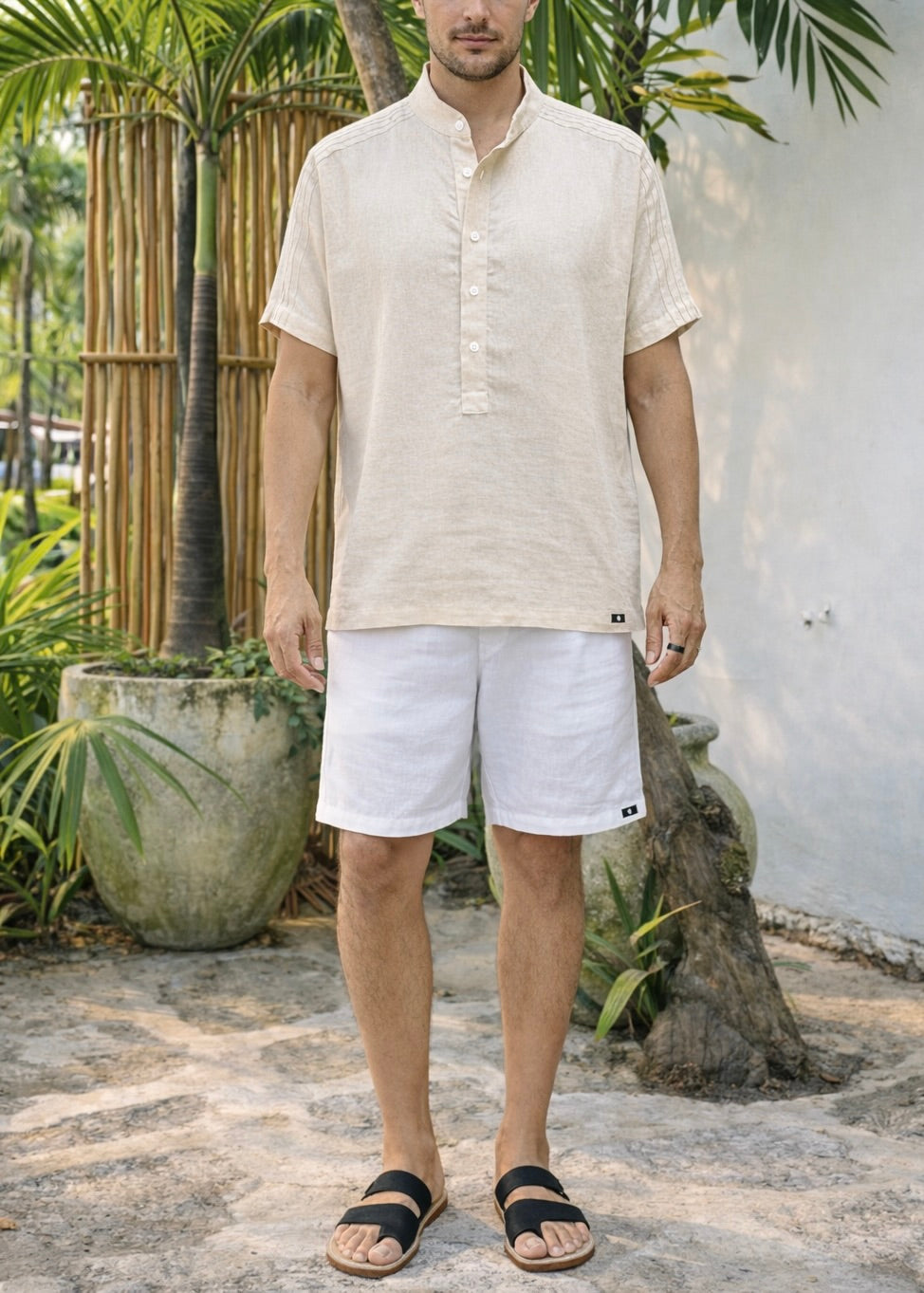 ROVI LINEN BLEND HENLEY SHIRT - Sand
