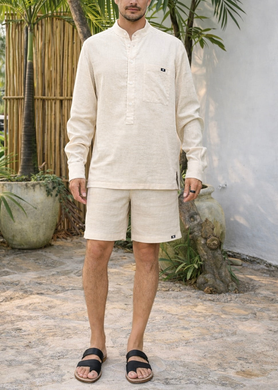 NAVO LINEN BLEND HENLEY SHIRT - Sand