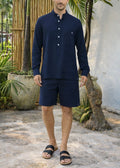 NAVO LINEN BLEND HENLEY SHIRT - Navy