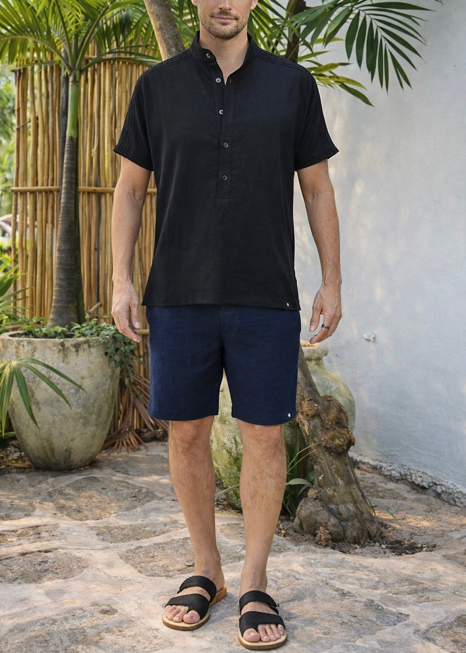 ROVI LINEN BLEND HENLEY SHIRT - Black