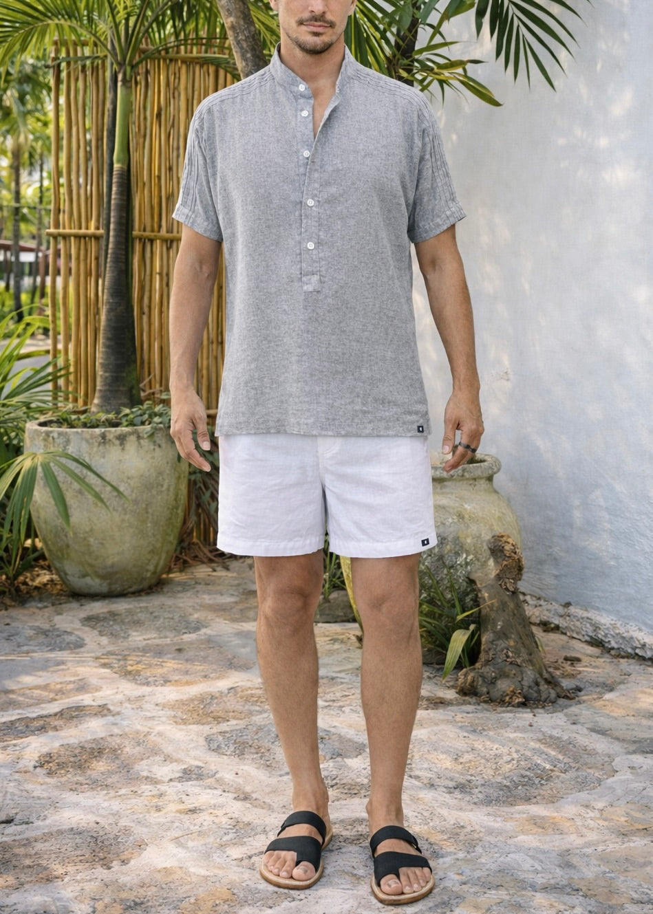 ROVI LINEN BLEND HENLEY SHIRT - Grey Heather