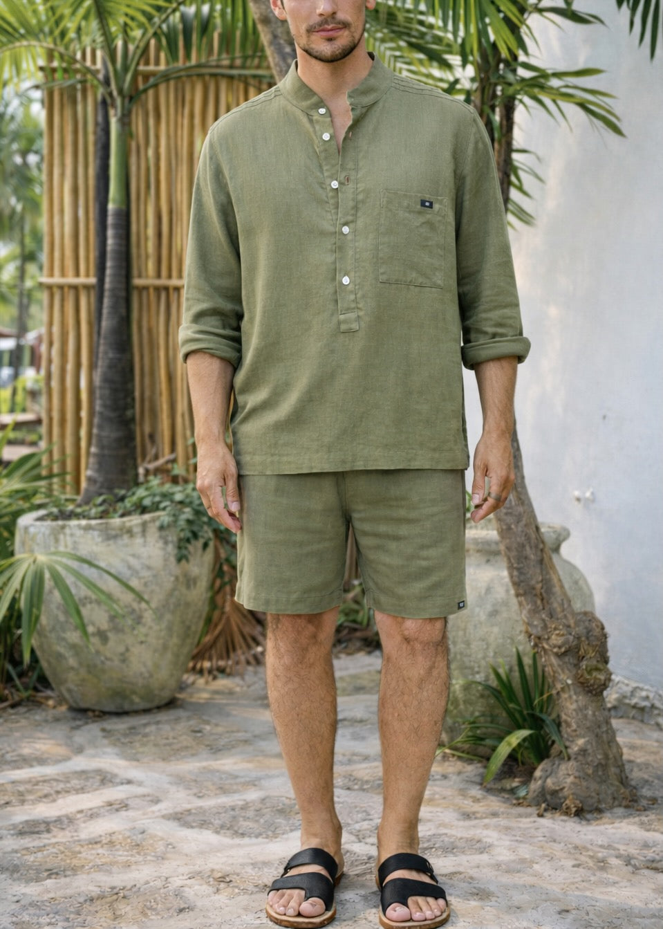 NAVO LINEN BLEND HENLEY SHIRT - Olive