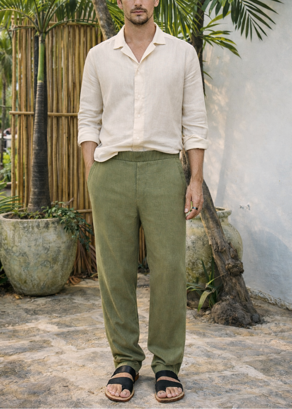 LIANO LINEN BLEND PANTS- Olive