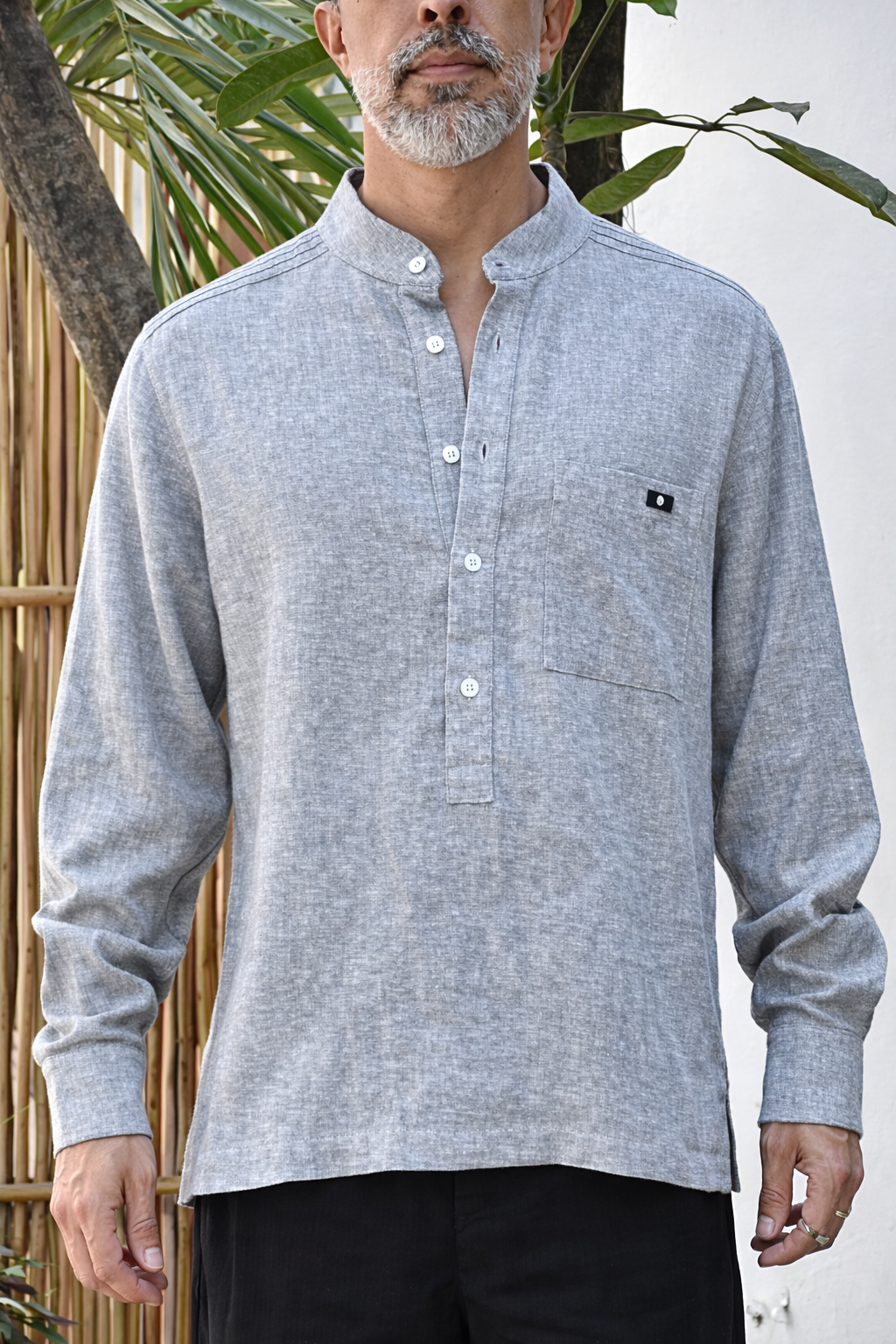 NAVO LINEN BLEND HENLEY SHIRT - Grey Heather