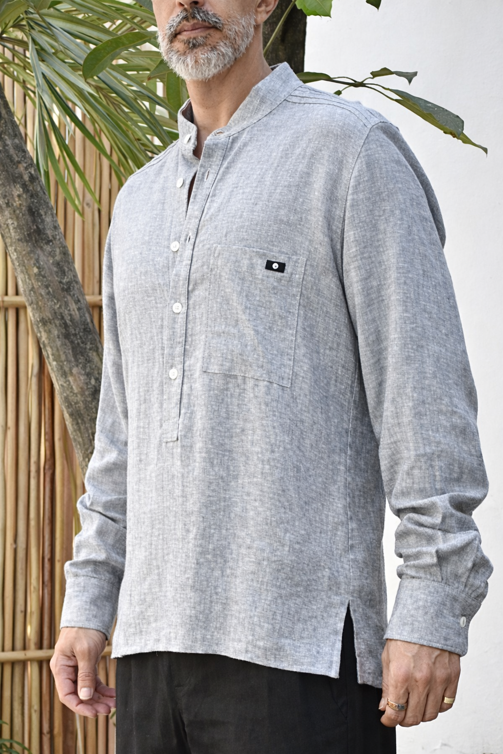NAVO LINEN BLEND HENLEY SHIRT - Grey Heather