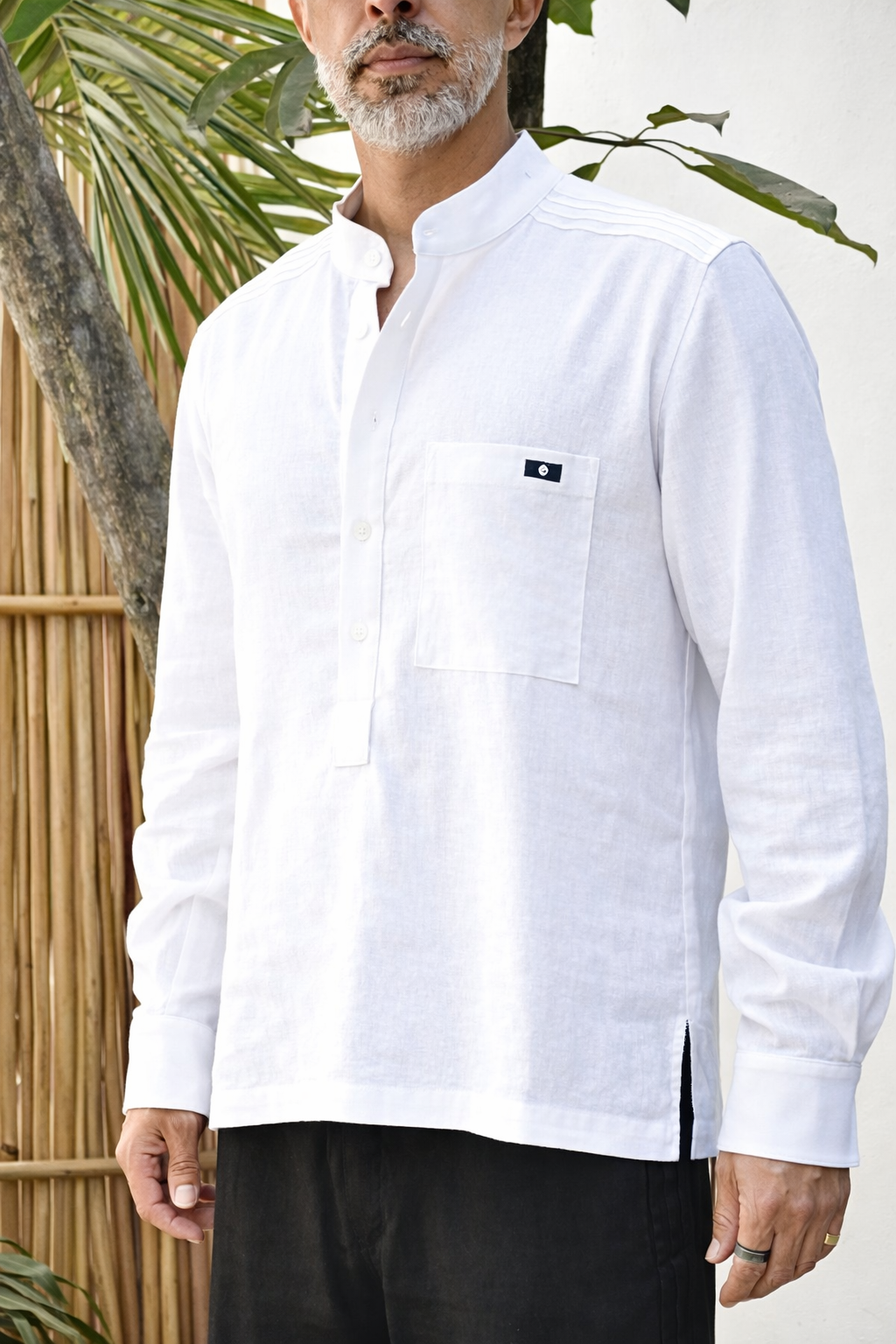 NAVO LINEN BLEND HENLEY SHIRT - White