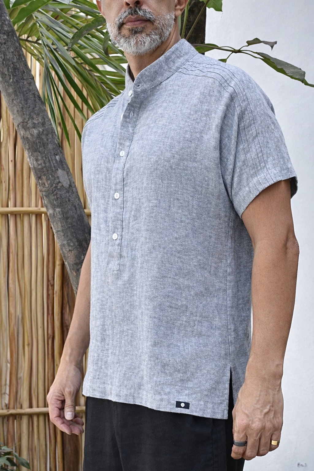 ROVI LINEN BLEND HENLEY SHIRT - Grey Heather