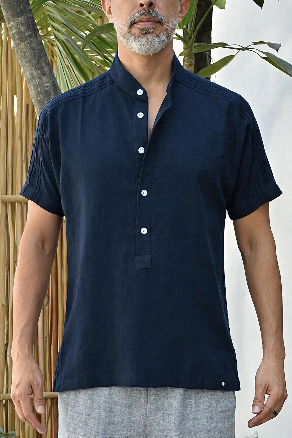 ROVI LINEN BLEND HENLEY SHIRT - Navy