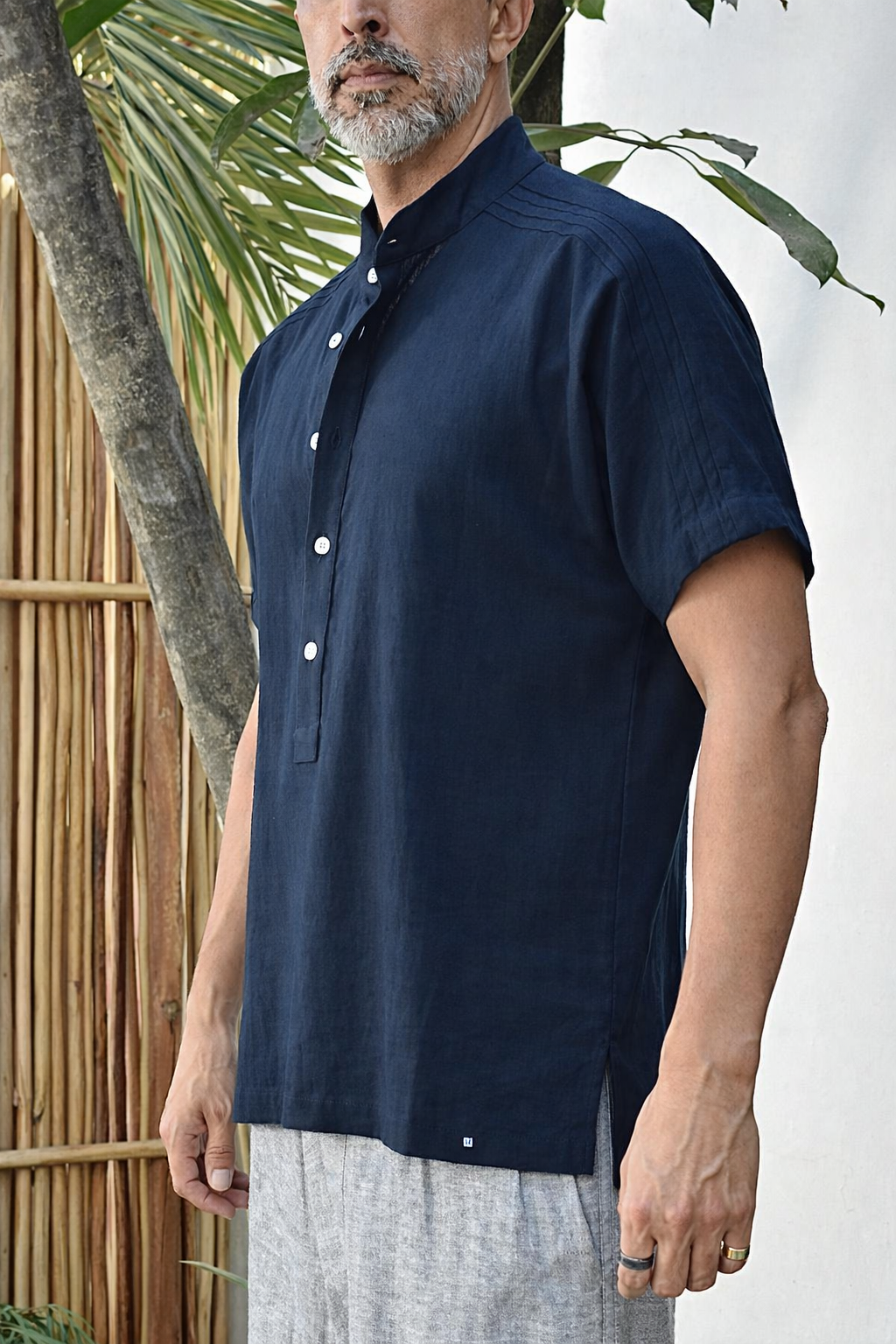 ROVI LINEN BLEND HENLEY SHIRT - Navy