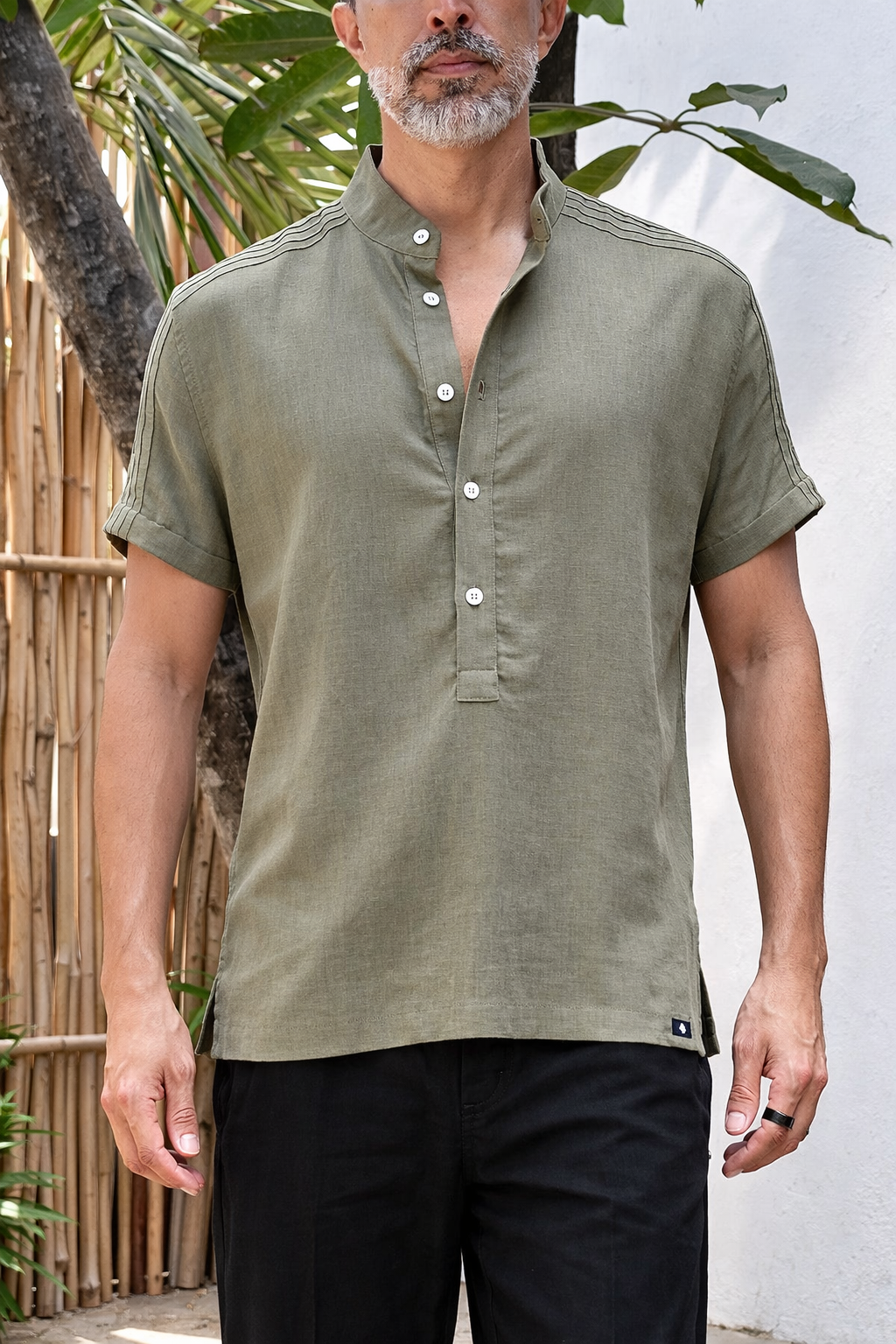 ROVI LINEN BLEND HENLEY SHIRT - Olive