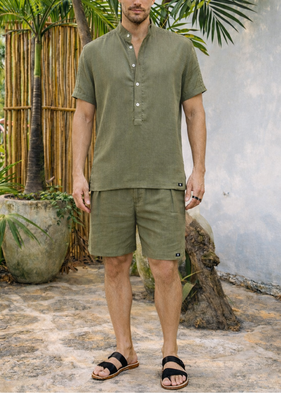 ROVI LINEN BLEND HENLEY SHIRT - Olive