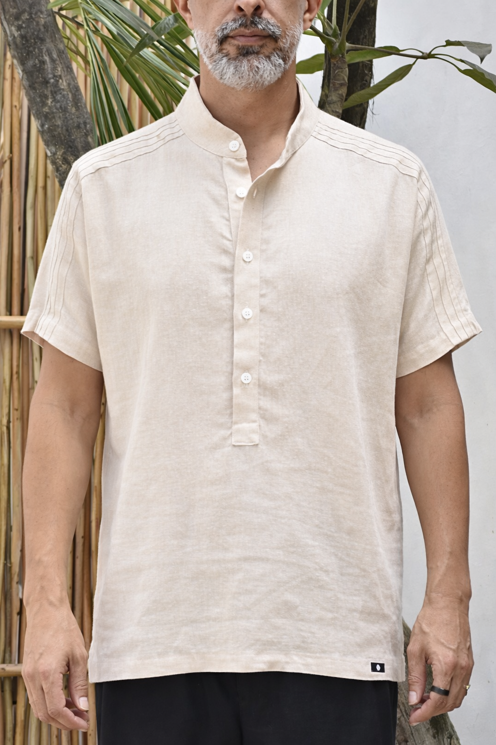 ROVI LINEN BLEND HENLEY SHIRT - Sand