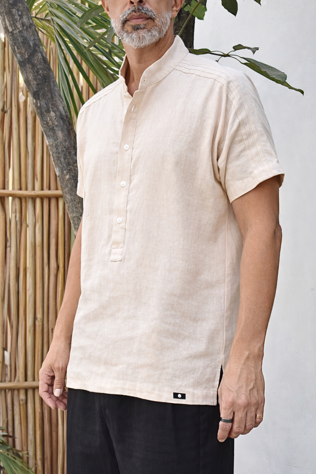 ROVI LINEN BLEND HENLEY SHIRT - Sand